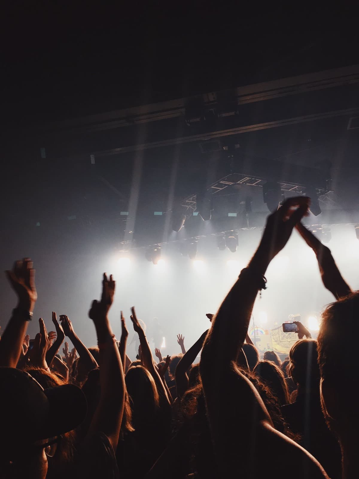 Hands raised in a packed crowd, backlit by stage light